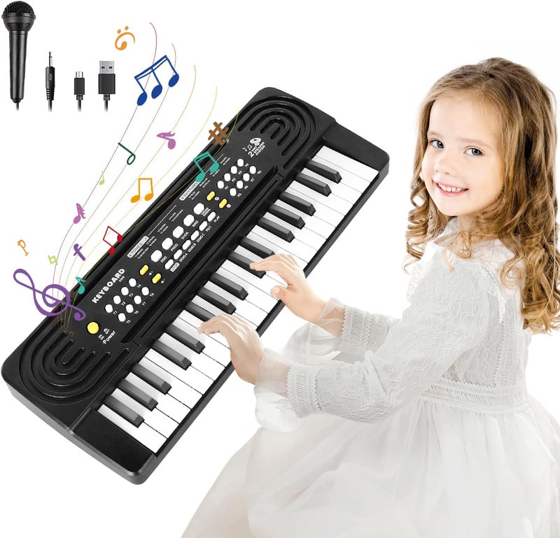 TWFRIC Kids Toddler Toy Piano Keyboard, 37 Key Pianos for Kid Music Toys Instruments with Microphone Dual Speaker Ideal for 3 4 5 6 7 8 Year Old Girl Boy Birthday/Christmas Day Gift (Black) - Image 1
